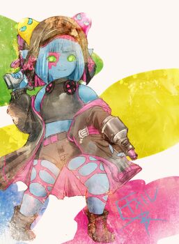  1girl bare_shoulders belt black_boots black_coat black_shorts blue_hair blue_skin blunt_bangs boots closed_mouth coat colored_sclera colored_skin copyright_name crop_top final_fantasy final_fantasy_xiv green_eyes green_sclera headphones headphones_around_neck lalafell open_clothes open_coat pink_belt pointy_ears ruka_(blueplus84) short_hair shorts smile solo sugar_riot 