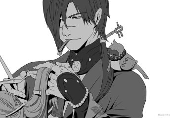  1boy animal animal_on_shoulder beni_(dramatical_murder) bird bird_on_shoulder commentary_request cutting_another's_hair cutting_hair dramatical_murder greyscale hair_over_one_eye koujaku magehikari monochrome mouth_hold out_of_frame scar scar_on_face scar_on_nose simple_background solo_focus upper_body white_background  rating:General score:2 user:danbooru