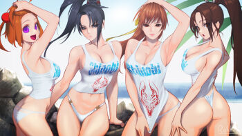  4girls armpits artist_name ass bare_shoulders beach bikini bikini_bottom_only black_eyes black_hair blurry blurry_background breasts brown_eyes brown_hair cleavage closed_mouth cloud collarbone commentary_request day dead_or_alive fatal_fury female_focus hair_ornament highleg highres kasumi_(doa) large_breasts lips long_hair medium_breasts multiple_girls ninja ocean ogin_(pachislot) open_mouth orange_hair outdoors pachislot_koumonchama_katsu ponytail purple_eyes ryohhe shiranui_mai shirt signature simple_background sky sleeveless smile soul_calibur swimsuit taki_(soulcalibur) the_king_of_fighters thighs thong_bikini trait_connection water  rating:Sensitive score:103 user:danbooru