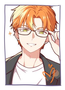  1boy adjusting_eyewear bespectacled black_jacket blonde_hair border clenched_teeth commentary earrings glasses green_eyes hand_up heart highres hoop_earrings jacket jewelry lapels looking_at_viewer male_focus multicolored_hair nose_pads notched_lapels open_clothes open_jacket orange_hair project_sekai shinonome_akito shirt short_hair simple_background smile solo sparkle streaked_hair stud_earrings suit_jacket symbol-only_commentary teeth topi_(crushedpaprika) two-tone_hair white_background white_border white_shirt 