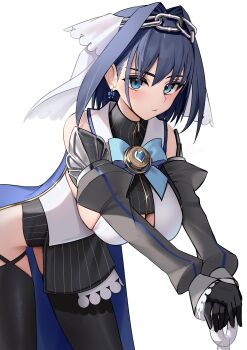  1girl :/ absurdres black_gloves black_shirt black_skirt blue_bow blue_bowtie blue_cape blue_eyes blue_hair bow bow_earrings bowtie breasts brooch cape chain chain_headband cleavage_cutout closed_mouth clothing_cutout detached_sleeves earrings frilled_skirt frilled_sleeves frills gloves grey_sleeves hair_flaps hair_intakes half-skirt heart heart_brooch highres hololive hololive_english jewelry juliet_sleeves large_breasts leaning_forward long_sleeves looking_at_viewer miniskirt ouro_kronii ouro_kronii_(1st_costume) pinstripe_pattern pinstripe_shirt pinstripe_skirt puffy_sleeves sailor_collar shirt simple_background skirt solo sword thomas_8000 underboob veil vest virtual_youtuber weapon white_background white_sailor_collar white_veil white_vest 