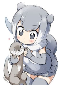  10s 1girl :> animal_ears artist_name blush commentary_request creature_and_personification elbow_gloves female_focus fingerless_gloves fur_collar gloves grey_eyes grey_gloves grey_hair grey_one-piece_swimsuit grey_thighhighs heart kemono_friends multicolored_hair one-piece_swimsuit otter otter_ears otter_tail personification risumai short_hair simple_background small-clawed_otter_(kemono_friends) smile solo swimsuit tail thighhighs twitter_username two-tone_hair white_background white_hair  rating:Sensitive score:8 user:danbooru