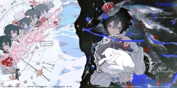  1boy absurdres animal black_hair blue_gem blue_ribbon bouquet brooch clock closed_mouth commission crown expressionless flower gem grey_eyes hair_between_eyes hair_ornament happy_birthday hat highres holding holding_animal holding_bouquet izumi_087 jewelry long_sleeves looking_at_viewer mihuashi_commission multiple_views original profile red_flower red_rose ribbon rose sample_watermark sheep short_hair sidelocks upper_body veil watermark white_veil 