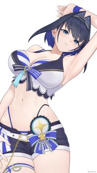  1girl absurdres arm_up belt bikini bikini_bottom_under_shorts bikini_under_clothes blue_bikini blue_eyes blue_hair blush bow bow_earrings breasts chain chain_headband cleavage commentary cowboy_shot earrings english_commentary fanged_bangs gototo_touma hair_intakes highleg highleg_bikini highres hololive hololive_english hololive_summer_2023_swimsuit jewelry large_breasts looking_at_viewer official_alternate_costume ouro_kronii ribbon_earrings short_hair shorts simple_background solo striped_bikini striped_clothes swimsuit thigh_belt thigh_strap virtual_youtuber white_background white_bikini 