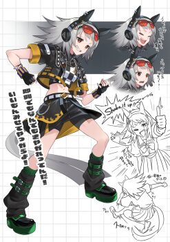  1girl ^^^ absurdres air_guitar animal_ears ankle_boots bike_shorts black_gloves black_shorts black_socks boots bow bowtie checkered_clothes checkered_shirt clothing_cutout commentary_request crop_top cropped_jacket ear_covers eyewear_on_head fingerless_gloves gaia_force_(racehorse) genderswap genderswap_(mtf) gloves green_boots green_eyes grey_hair grid_background grin headphones highres horse_ears horse_girl horse_tail jacket jewelry laughing loafers loose_socks medium_hair midriff multiple_views navel one_eye_closed open_clothes open_jacket original overbite overskirt pendant personification pleated_skirt puffy_short_sleeves puffy_sleeves red-tinted_eyewear red_eyes sailor_collar sailor_shirt salmon school_uniform shirt shoe_belt shoes short_sleeves shorts skirt smile socks star_pendant summer_uniform sunglasses tail tail_through_clothes teeth thumbs_up tinted_eyewear tracen_school_uniform translation_request umamusume upper_teeth_only yokoji_(kodai2015) 