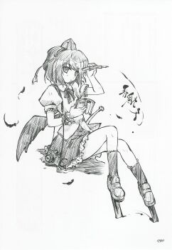  1girl :< bleed_through bow bowtie camera feathers frilled_skirt frilled_sleeves frilled_socks frills from_side full_body geta greyscale hand_in_own_hair hat hieroglyphics highres holding holding_notepad holding_pen looking_to_the_side miniskirt monochrome notepad official_art page_number pen perfect_memento_in_strict_sense puffy_short_sleeves puffy_sleeves scan scan_artifacts shameimaru_aya shirt short_hair short_sleeves sitting skirt socks solo strap tengu tengu-geta tokin_hat touhou translated wings 