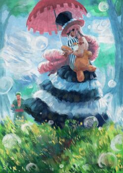  1boy 1girl arm_tattoo attyrocious blunt_bangs blush bubble drill_hair grass green_hair green_kimono haramaki hat highres holding holding_stuffed_toy holding_umbrella japanese_clothes kimono kumacy long_hair mask mouth_mask one_piece outdoors parted_lips perona pink_hair roronoa_zoro sash stuffed_animal stuffed_toy tattoo umbrella 