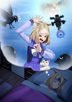  >_< 1girl absurdres animal_ears bird blonde_hair bow bowtie breasts cat closed_eyes commentary crow ear_covers ears_down english_commentary highres horse_ears horse_girl long_sleeves lying manjo_(warito) motion_lines narita_top_road_(umamusume) nightmare on_back on_bed open_mouth pillow pleated_skirt purple_sailor_collar purple_serafuku purple_shirt purple_skirt sailor_collar sailor_shirt school_uniform serafuku shirt short_hair single_ear_cover skirt sleeping tracen_school_uniform trembling umamusume under_covers white_bow white_bowtie 