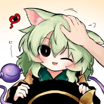  1girl 1other animal_ears black_eyes black_hat bow cat_ears cat_girl commentary eyeball frilled_shirt_collar frilled_sleeves frills green_hair hand_on_another's_head hat hat_bow hat_ribbon headpat heart heripantomorrow holding holding_unworn_clothes holding_unworn_hat kemonomimi_mode komeiji_koishi one_eye_closed ribbon shirt smile symbol-only_commentary third_eye touhou unworn_hat unworn_headwear yellow_bow yellow_ribbon yellow_shirt 