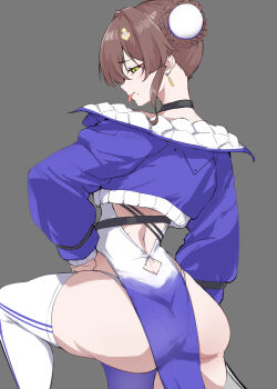  1girl arm_on_own_leg ass bare_shoulders black_choker blue_dress blue_jacket blush braid braided_bun brown_hair bun_cover chaos_zero_nightmare choker commentary_request cropped_jacket curvy dress eyeliner from_behind gradient_clothes gradient_dress hair_bun hair_ornament highres jacket looking_at_viewer makeup mole mole_under_mouth off_shoulder open_clothes open_jacket panties panty_straps pelvic_curtain sakiyuro see-through_clothes short_hair_with_long_locks solo thighs tongue tongue_out underwear white_panties yellow_eyes yuki_(chaos_zero_nightmare) 