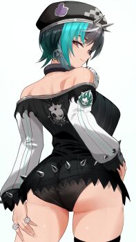  1girl absurdres aqua_hair ass beret black_hair black_hat black_jacket black_panties breasts closed_mouth cowboy_shot from_behind gradient_hair green_hair grey_background hat highres hololive hololive_dev_is jacket jewelry large_breasts long_sleeves looking_back multicolored_hair multiple_rings panties red_eyes rindo_chihaya ring short_hair simple_background smile solo spikes streaked_hair thighs tomo0843 underwear virtual_youtuber  rating:Sensitive score:7 user:danbooru