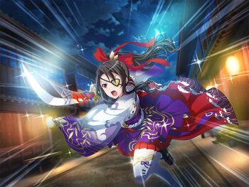  1girl akikaze_rui black_hair building crescent_moon eyepatch game_cg grey_thighhighs holding holding_sword holding_weapon japanese_clothes kimono long_hair long_sleeves looking_at_viewer moon motion_blur motion_lines night official_art ootachi open_mouth ponytail purple_kimono red_eyes running shoujo_kageki_revue_starlight shoujo_kageki_revue_starlight_-re_live- sidelocks solo sword thighhighs two-tone_kimono upper_body v-shaped_eyebrows weapon white_kimono wide_sleeves 