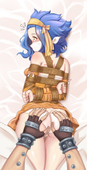  1boy 1girl arm_piercing arms_behind_back ass back_tattoo bare_shoulders bdsm bed bed_sheet blue_hair blush bondage bound bound_arms bound_breasts bound_torso brass_knuckles breast_bondage breasts brown_eyes butt_crack clenched_hand clenched_hands cloth_gag commission commissioner_upload detached_sleeves dress fairy_tail female_focus fingerless_gloves gag gagged gajeel_redfox gloves grabbing_another's_ass groping hair_ornament hair_ribbon improvised_gag lace_trim levy_mcgarden looking_ahead looking_to_the_side lying medium_hair messy_hair on_stomach open_mouth out_of_frame out_of_frame_male over_the_nose_gag panties pants parted_lips perky_breasts piercing red_tattoo ribbon rope shibari shibari_over_clothes short_dress short_hair size_difference skin_tight skindentation small_breasts solo_focus strapless strapless_dress surprised sweat sweatdrop tattoo thigh_gap thighs underwear weapon white_background white_panties white_pants wide-eyed wrist_cuffs wristband yellow_dress yellow_ribbon yon_senpai 