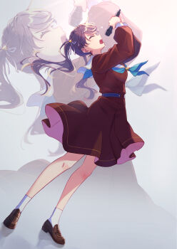  1girl aqua_neckerchief brown_dress closed_eyes commentary_request dress from_side fujishima_megumi full_body hasu_no_sora_school_uniform highres holding holding_microphone link!_like!_love_live! loafers long_sleeves love_live! macken666 microphone neckerchief on_your_mark_(love_live!) open_mouth sailor_dress school_uniform shoes socks solo white_socks winter_uniform zoom_layer 