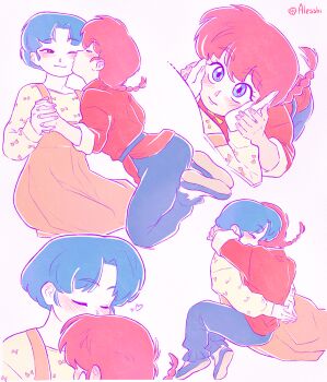  2girls absurdres alesshiart blue_eyes blue_hair blush braid chinese_clothes closed_eyes commentary dress english_commentary hands_on_another's_cheeks hands_on_another's_face heart highres holding_hands hug interlocked_fingers kiss kissing_cheek long_dress multiple_girls one_eye_closed orange_dress ranma-chan ranma_1/2 red_hair short_hair signature single_braid tangzhuang tendou_akane yuri 
