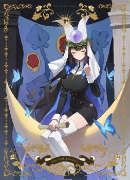  1girl belt black_dress breasts closed_eyes closed_mouth crescent cross cross_necklace dress facing_viewer framed hand_up highres holding holding_scroll jewelry juliet_sleeves large_breasts long_sleeves necklace picture_frame priestess puffy_sleeves scroll shirayuki_hina sitting smile solo stellive thighhighs veil virtual_youtuber white_thighhighs white_veil yoba zettai_ryouiki 