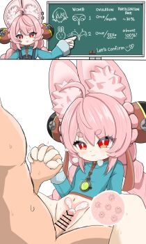  1boy 1girl absurdres ahoge animal_ear_fluff animal_ear_piercing animal_ears bar_censor bicornuate_uterus blue_shirt bottomless braid breasts censored chalkboard closed_mouth clothed_sex commentary_request cum cum_in_pussy ejaculation fertilization furry furry_female furry_with_non-furry hair_ornament hetero highres holding_hands impregnation interlocked_fingers internal_cumshot interspecies long_hair open_mouth ovum penis pink_hair rabbit_ears rabbit_girl red_eyes sex sex_ed shirt simesaba_(xwdt4337) small_breasts smile sperm_cell sphere_hair_ornament thick_eyebrows twin_braids uterus vaginal x-ray zenless_zone_zero zhao_(zenless_zone_zero) 