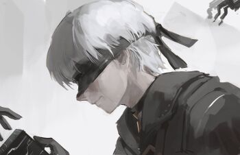  1boy 9s_(nier:automata) absurdres black_jacket closed_mouth commentary covered_eyes highres jacket making-of_available nier:automata nier_(series) phyriaxi portrait profile short_hair simple_background white_background white_hair 