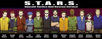  10boys 2girls albert_wesker bare_arms barry_burton beard belt beret brad_vickers brown_hair character_name choker chris_redfield cigarette collarbone edward_dewey enrico_marini expressionless facial_hair forest_speyer formal_clothes gloves group_picture gun handgun hat headband highres holding holding_weapon jill_valentine joseph_frost kenneth_j._sullivan knife long_sleeves looking_at_viewer multiple_boys multiple_girls muscular rebecca_chambers resident_evil resident_evil_1 revolver richard_aiken s.t.a.r.s._uniform short_hair shoulder_pads simple_background standing suit sunglasses very_short_hair vest weapon white_background yuuri_(yuri83) 