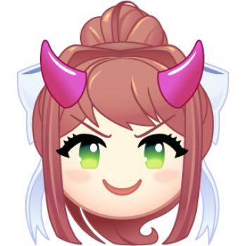  >:) 1girl artist_request bow chibi chibi_only demon_horns doki_doki_literature_club emoji evil_smile green_eyes hair_bow high_ponytail horns long_sidelocks looking_at_viewer lowres monika_(doki_doki_literature_club) official_art pink_hair ponytail portrait sidelocks smile solo v-shaped_eyebrows 