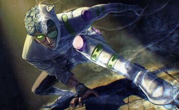  1boy armor black_bridal_gauntlets black_pants blue_hair boots bridal_gauntlets chromatic_aberration cold commentary_request crack curly_hair fake_horns ghiaccio glasses green-tinted_eyewear green_eyes hayate_akino highres horns ice_skates jacket jojo_no_kimyou_na_bouken male_focus pants red-framed_eyewear skates smile solo stand_(jojo) tile_floor tiles tinted_eyewear vento_aureo white_album_(stand) white_armor white_boots white_jacket 