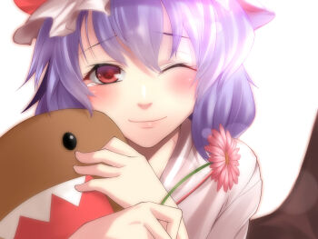  1girl bad_id bad_pixiv_id bat_wings blush daisy_(flower) doll domo-kun female_focus flower hat highres hugging_doll hugging_object lips nhk_(broadcaster) one_eye_closed pink_eyes purple_hair red_eyes remilia_scarlet revision short_hair smile solo tears touhou wings wink yamane_akira 