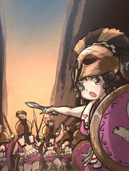 300_(movie) 6+girls ancient_greek_clothes hoplitissa_(ironlily) armor army aspis brown_eyes brown_hair cliff corinthian_helmet curly_hair dory_(spear) dress facing_away gold_armor greaves greco-roman_clothes greek_armor greek_helmet highres holding holding_polearm holding_sword holding_weapon hoplite ironlily linothorax looking_at_viewer multiple_girls open_mouth original outdoors parody pink_dress plume pointing_melee_weapon polearm ponytail shield spear sword thighs weapon