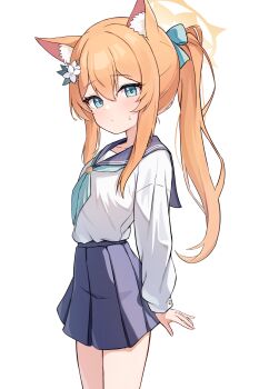 1girl absurdres alternate_costume animal_ear_fluff animal_ears aqua_eyes aqua_neckerchief aqua_ribbon blue_archive blue_sailor_collar blue_skirt blush closed_mouth collarbone cowboy_shot dot_mouth dot_nose flower fox_ears fox_girl from_side hair_between_eyes hair_flower hair_ornament hair_ribbon halo high-waist_skirt highres long_sleeves looking_at_viewer mari_(blue_archive) neckerchief nonddu orange_hair pleated_skirt ponytail ribbon sailor_collar sailor_shirt school_uniform serafuku shirt simple_background skirt solo standing sweatdrop white_background white_serafuku yellow_halo rating:General score:16 user:danbooru