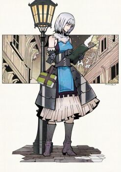  1girl armor armored_dress artist_name bob_cut book closed_eyes closed_mouth commentary detached_collar dress english_commentary faulds full_body gauntlets hashtag-only_commentary herheim highres holding holding_book lamppost open_book sharon_(unicorn_overlord) short_hair smile solo standing tassets unicorn_overlord white_hair 