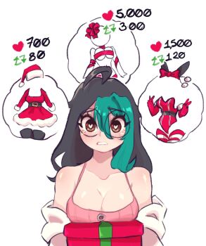  2girls ahoge akane_k0 akane_ko banner black_hair black_thighhighs blue_background blush box breasts christmas christmas_present cleavage collarbone commentary dress dual_persona elbow_gloves english_commentary fur_trim gift gift_box glasses gloves green_hair hat heart heart-shaped_pupils heart_in_eye highres holding holding_gift hood hood_down hooded_jacket hoodie jacket jewelry large_breasts leotard logo long_hair looking_at_viewer multicolored_hair multiple_girls naked_ribbon navel off_shoulder open_clothes open_jacket original pink_tank_top red_gloves red_ribbon ribbon round_eyewear santa_costume santa_dress santa_hat shiny_skin simple_background symbol-shaped_pupils symbol_in_eye tank_top thighhighs two-tone_hair upper_body white_background 