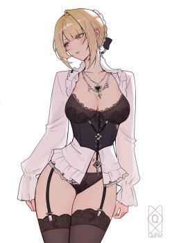  1girl alternate_costume artist_logo black_panties black_thighhighs blush bodice breasts cleavage collarbone commentary cowboy_shot cross cross_necklace earrings evelyn_chevalier heart heart_necklace highres jewelry lace lace-trimmed_thighhighs lace_trim large_breasts logo long_sleeves looking_to_the_side mole mole_under_eye necklace paid_reward_available panties parted_lips purple_eyes quilm ring_hair_ornament short_hair sidelocks simple_background solo thighhighs thighs underwear white_background zenless_zone_zero  rating:Sensitive score:94 user:danbooru