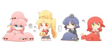  !? >_< ... 4girls ? animal animal_on_head black_jacket blonde_hair blue_eyes blue_hair blush bocchi_the_rock! bow bowtie brown_shirt chibi chibi_only clone commentary_request creature_on_head cube_hair_ornament gotoh_hitori gotoh_hitori_(octopus) gotoh_hitori_(tsuchinoko) grey_skirt grey_vest hair_ornament highres holding ijichi_nijika jacket kita_ikuyo long_hair long_sleeves medium_hair multiple_girls neck_ribbon octopus on_head one_side_up open_clothes open_jacket orange_eyes parted_lips pink_hair pink_jacket pleated_skirt rebecca_(keinelove) red_bow red_bowtie red_hair ribbon sailor_collar school_uniform seiza serafuku shirt side_ponytail simple_background sitting skirt socks spoken_ellipsis sweat tsuchinoko vest white_background white_sailor_collar white_socks yamada_ryo yellow_eyes 