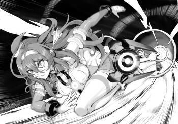  absurdres ahoge commentary detached_sleeves greyscale highres horse_girl horseshoe_ornament leotard long_hair lowleg lowleg_skirt mihono_bourbon_(mb-19890425)_(umamusume) mihono_bourbon_(umamusume) miniskirt monochrome motion_blur motion_lines running signature skirt sweat thighhighs umamusume white_leotard white_thighhighs zenkouzadrifter zettai_ryouiki 