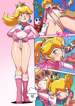  1girl blonde_hair blue_eyes boots bukkake crown cum earrings fellatio gangbang goomba group_sex koopa_troopa looking_at_viewer mario_(series) multiple_boys nintendo oral penis pink_boots ponytail princess_peach racing_suit sex sex_from_behind shy_guy sphere_earrings tekuho_no_habo unzipped 