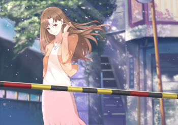  1girl brown_eyes brown_hair byousoku_5_centimeter commentary_request falling_petals highres jacket jewelry long_hair looking_at_viewer necklace orange_jacket outdoors petals pink_skirt railroad_crossing shinohara_akari shirt skirt smile solo sukitsukasa white_shirt 