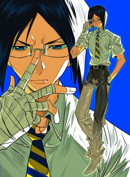 1boy absurdres adjusting_eyewear bandaged_arm bandaged_hand bandages bleach blue_background blue_eyes collared_shirt commentary diagonal-striped_clothes diagonal-striped_necktie full_body glasses grey_pants hand_in_pocket highres ishida_uryuu karakura_high_school_uniform male_focus middle_part multiple_views necktie pants rectangular_eyewear school_uniform shirt short_hair simple_background striped_clothes white_shirt xi_luo_an_ya 