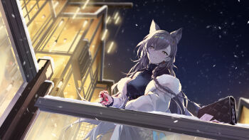  1girl absurdres against_railing alcohol animal_ear_fluff animal_ears arknights arm_rest arm_support artist_name asymmetrical_bangs asymmetrical_hair bag belt black_belt black_skirt black_sweater blue_sky blurry blurry_background blush braid braided_ponytail brown_bag brown_hair building card clear_sky cowboy_shot cup depth_of_field drink drunk dutch_angle earrings extra_ears eyelashes film_grain floating_hair from_below fur-trimmed_jacket fur_trim glass grin hair_between_eyes hair_ornament hair_over_one_eye hairclip half-closed_eyes handbag hanging_light head_tilt high_belt high_collar highres holding holding_cup holding_drink jacket jewelry jiusan_naitang layered_sleeves leaning leather_belt lips long_bangs long_hair long_sleeves looking_at_viewer looking_down mole mole_above_eye night off_shoulder official_alternate_costume outdoors parted_lips penance_(arknights) penance_(occasionally_flushed)_(arknights) print_skirt puffy_long_sleeves puffy_sleeves railing red_wine side_braid single_braid single_earring skirt sky smile snow snowing solo standing star_(sky) starry_sky straight_hair sweater teeth turtleneck turtleneck_sweater underbust very_long_hair watermark weibo_watermark white_jacket wind window wine winter wolf_ears wolf_girl yellow_eyes 