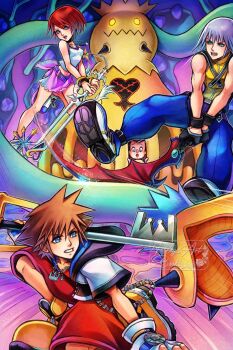  1girl armband artist_name bare_shoulders battle crown_necklace fighting heartless_(kingdom_hearts) highres holding holding_weapon hollypolllyy in-universe_location jewelry kairi_(kingdom_hearts) keyblade kingdom_hearts kingdom_hearts_i kingdom_key nomura_tetsuya_(style) oathkeeper pinocchio_(disney_character) pointy_hair purple_armband purple_skirt red_hair riku_(kingdom_hearts) short_hair skirt skort sora_(kingdom_hearts) soul_eater_(kingdom_hearts) spiked_hair watermark weapon wristband 