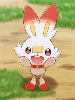  ao_anpk blurry blurry_background bunny_day commentary_request fang gen_8_pokemon grass hands_up looking_up nintendo no_humans open_mouth pokemon pokemon_(creature) pokemon_focus rabbit scorbunny smile solo standing tongue  rating:Sensitive score:7 user:danbooru