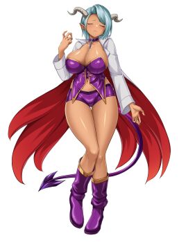  1girl amelia_(magisphere) blue_hair blush boots breasts bustier calpish cape chain cleavage closed_eyes closed_mouth collar dark-skinned_female dark_skin demon_girl demon_horns demon_tail earrings frown full_body game_cg highres horns jewelry large_breasts large_variant_set long_sleeves mahou_reiki_magisphere navel non-web_source official_art pointy_ears purple_shorts self-datamine shiny_skin short_hair short_shorts shorts simple_background solo tachi-e tail thigh_gap transparent_background variant_set 