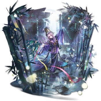  1girl absurdres ahoge animal_ears arknights artist_request bamboo bamboo_forest black_vest branch check_clothing closed_mouth clothing_request cloud_print dancing eyepatch fireflies floppy_ears flower flower_necklace forest full_body hair_flower hair_ornament highres holding holding_branch japanese_clothes jewelry kannushi kataginu kimono long_hair looking_at_viewer nature necklace night non-web_source official_alternate_costume official_art outdoors pink_flower pond popukar_(arknights) purple_eyes purple_hair purple_kimono rabbit_ears rabbit_girl ribbon rope shimenawa smile solo stepping_stones stone_lantern susohiki tachi-e tanabata tanzaku transparent_background vest water waterfall wide_sleeves x_hair_ornament 