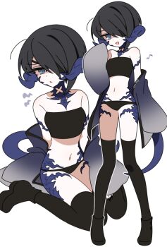  1girl au_ra black_boots black_hair black_panties black_shirt black_thighhighs blue_eyes boots breasts dragon_girl dragon_horns final_fantasy final_fantasy_xiv hair_over_one_eye horns jitome looking_at_viewer morpho95 multiple_views musical_note navel panties scales shaded_face shirt short_hair sitting small_breasts strapless thighhighs translation_request tube_top underwear v-shaped_eyebrows wariza warrior_of_light_(ff14) 