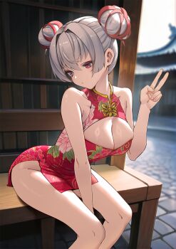  1girl aduo bare_shoulders blurry blurry_background breasts china_dress chinese_clothes cleavage_cutout closed_mouth clothing_cutout collarbone commentary_request double_bun dress floral_print floral_print_dress grey_hair hair_bun hair_ribbon highres large_breasts looking_to_the_side original outdoors print_dress red_dress red_eyes ribbon sitting sleeveless sleeveless_dress solo thighs v 
