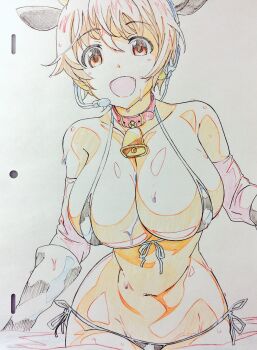  1girl animal_ears animal_print bare_shoulders bell bikini breasts brown_eyes brown_hair cleavage collar commentary_request cow_ears cow_horns cow_print cowbell detached_sleeves elbow_gloves fake_animal_ears fake_horns gloves headset highres horns idolmaster idolmaster_cinderella_girls large_breasts looking_at_viewer navel neck_bell oikawa_shizuku oikawa_shizuku_(moo_moo_fresh) open_mouth pink_gloves sharekoube short_hair smile solo swimsuit traditional_media wading water wet white_bikini 