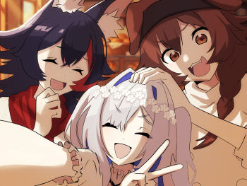  3girls :3 :d alternate_costume amane_kanata angel animal_ear_fluff animal_ears black_hair blue_hair brown_eyes brown_hair chef closed_eyes commentary dog_ears dog_girl dot_nose family fangs flower frills hair_between_eyes hair_flower hair_ornament hand_on_another's_head highres hololive hololive_grand_theft_auto inugami_korone multicolored_hair multiple_girls numzawa ookami_mio open_mouth red_hair selfie smile v virtual_youtuber white_hair wolf_ears wolf_girl 
