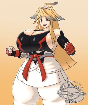  1girl absurdres bare_shoulders blonde_hair blunt_bangs breasts coat commentary dougi english_commentary fingerless_gloves genderswap genderswap_(mtf) gloves highres ivor_(pokemon) karate_gi large_breasts long_hair nintendo open_clothes open_coat open_mouth pants pb7z19rlukdnjld pokemon pokemon_legends:_z-a red_eyes two-tone_belt white_coat 