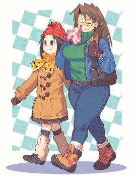 2girls azumanga_daiou bag beanie belt blue_coat boots brown_belt brown_coat brown_hair coat commentary denim glasses gloves green_sweater handbag handkerchief hat highres inkerton-kun jeans kasuga_ayumu mihama_chiyo's_father mizuhara_koyomi multiple_girls pants plump red_hat scarf skirt sweater untranslatable_commentary thick_thighs thighs turtleneck turtleneck_sweater walking