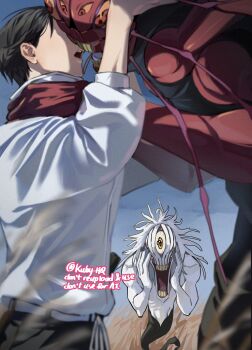  1boy 1girl 1other black_hair black_pants bug cockroach colored_skin curse cursed_spirit_(jujutsu_kaisen) extra_eyes imminent_kiss insect jacket jujutsu_kaisen jujutsu_tech_uniform kuby_hq kurourushi_(jujutsu_kaisen) long_sleeves monster monster_girl okkotsu_yuta one-eyed open_mouth orimoto_rika pants red_eyes school_uniform shikigami short_hair teeth upper_body white_jacket white_skin  rating:General score:4 user:Fua_Art