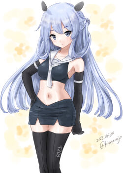  1girl black_gloves black_skirt black_thighhighs blue_eyes blue_hair breasts commentary_request elbow_gloves fake_horns gloves hand_on_own_hip horned_headwear horns i-203_(kancolle) kantai_collection kitagawa_mikio midriff neckerchief nontraditional_school_swimsuit pencil_skirt sailor_collar sailor_shirt school_swimsuit shirt skirt sleeveless sleeveless_shirt small_breasts solo swimsuit thighhighs white_neckerchief white_sailor_collar white_sailor_shirt 