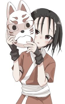  1girl black_gloves black_hair blush fishnet_top fishnets fox_mask gloves hashtag-only_commentary head_tilt henfrey14 highres holding holding_mask japanese_clothes kimono kunoichi_tsubaki_no_mune_no_uchi mask parted_lips red_eyes red_kimono rindou_(kunoichi_tsubaki_no_mune_no_uchi) sash short_hair short_sleeves simple_background solo unworn_mask upper_body white_background white_sash 